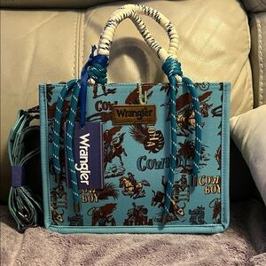 Wrangler Turquoise Cowboy Print Tote Bag
